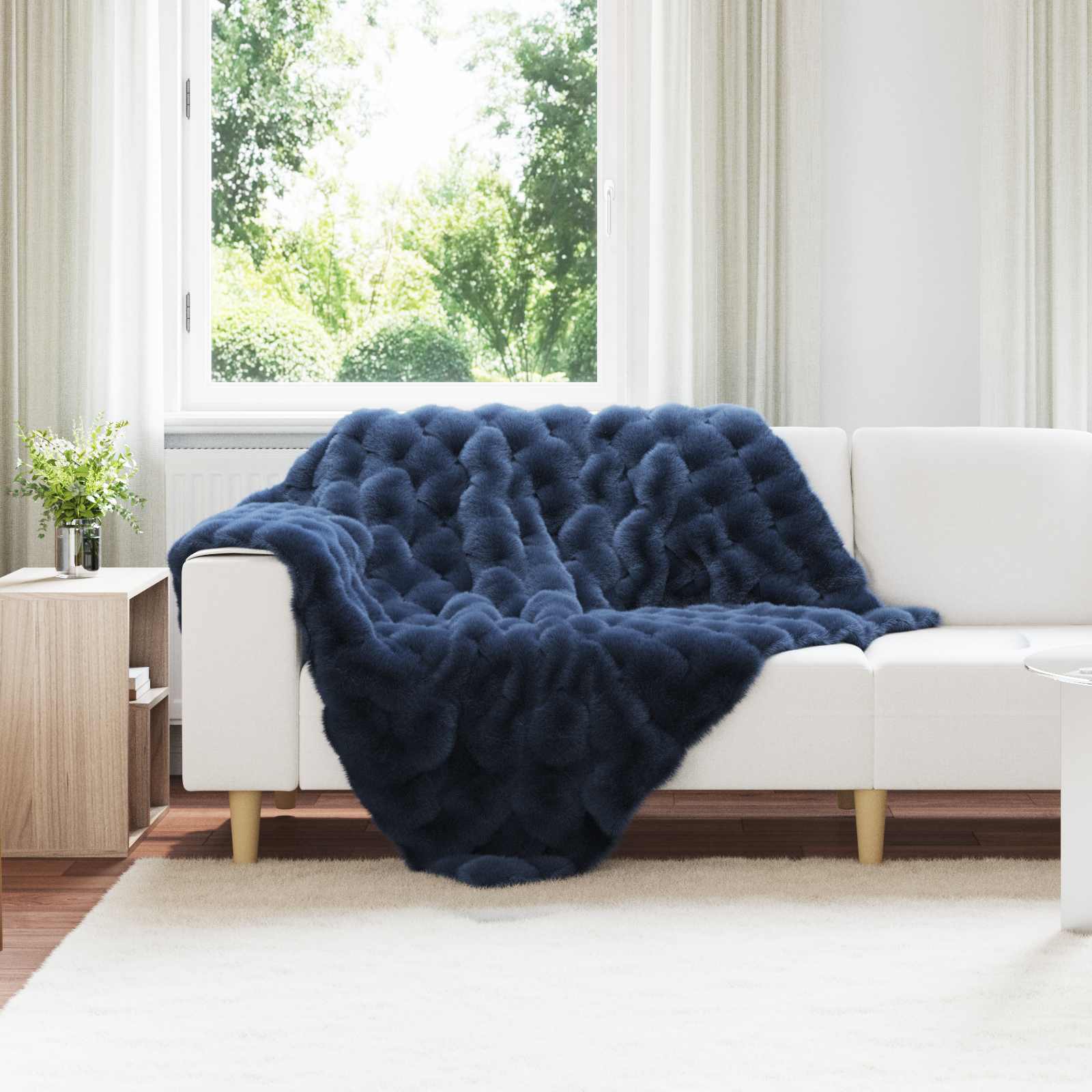 vidaXL Anti-Slip Faux Rabbit Fur Blanket Olite Marine Blue Polyester 1