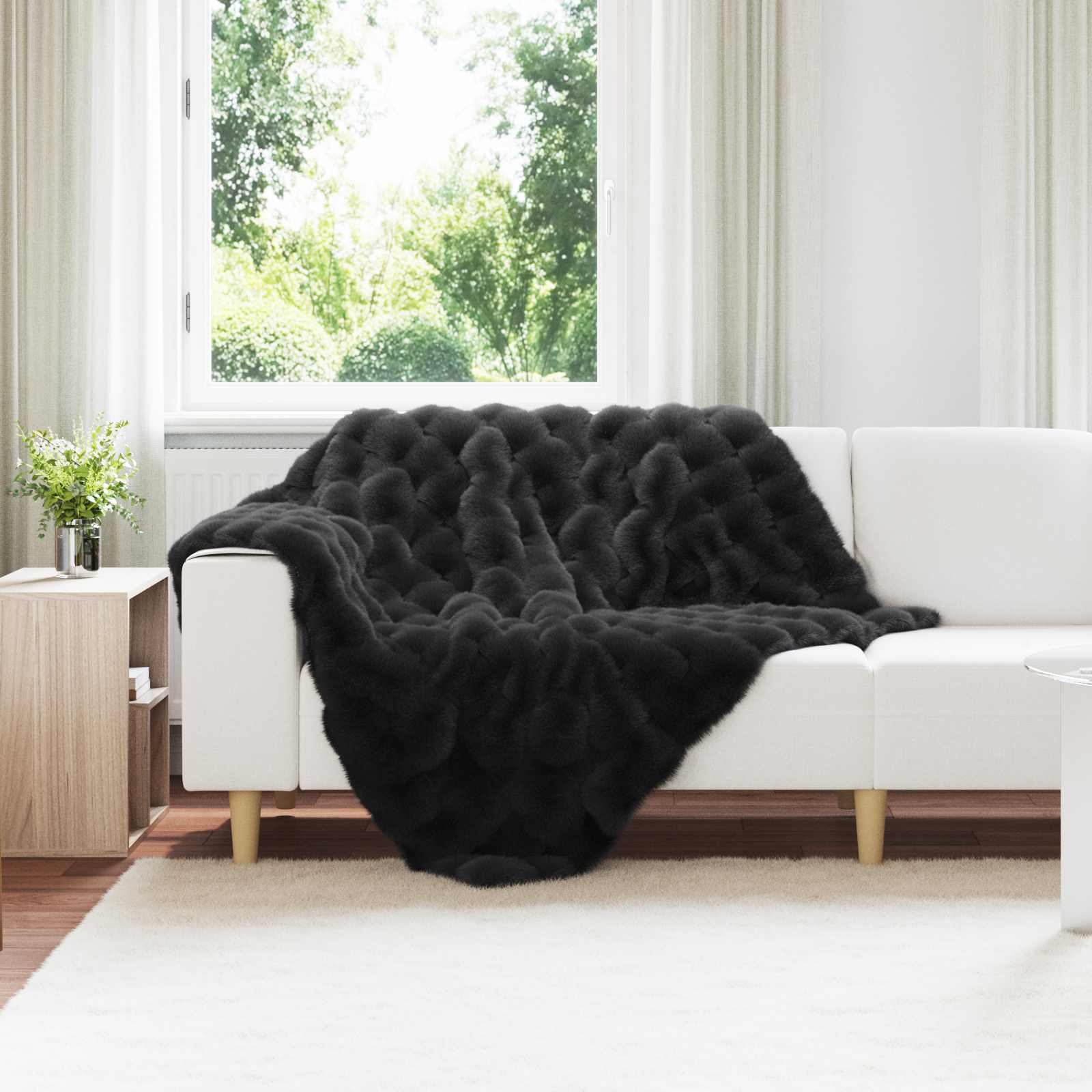 vidaXL Anti-Slip Faux Rabbit Fur Blanket Olite Black 130 x 150 cm 1