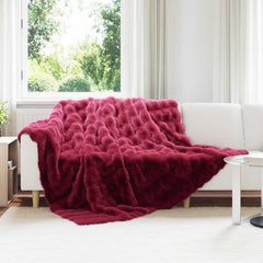 Anti-Slip Faux Rabbit Fur Blanket OLITE Bordeaux red