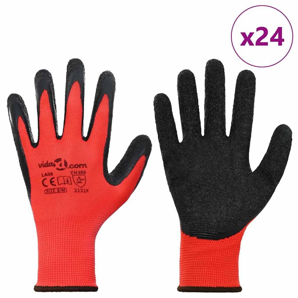 vidaXL Work Gloves 24 pcs Red and Black 8 / M Latex Coating 3