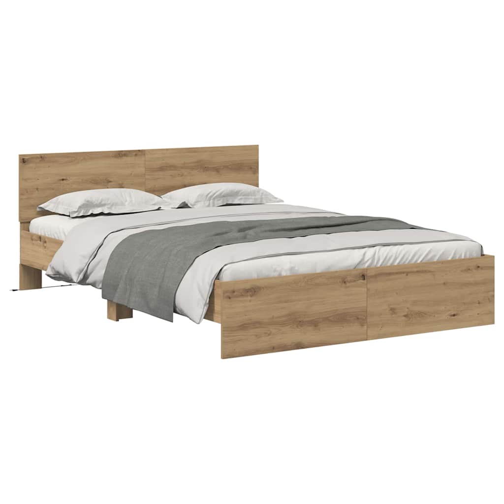 Bed Frame with Headboard and LED 135x190 cm Artisan oak