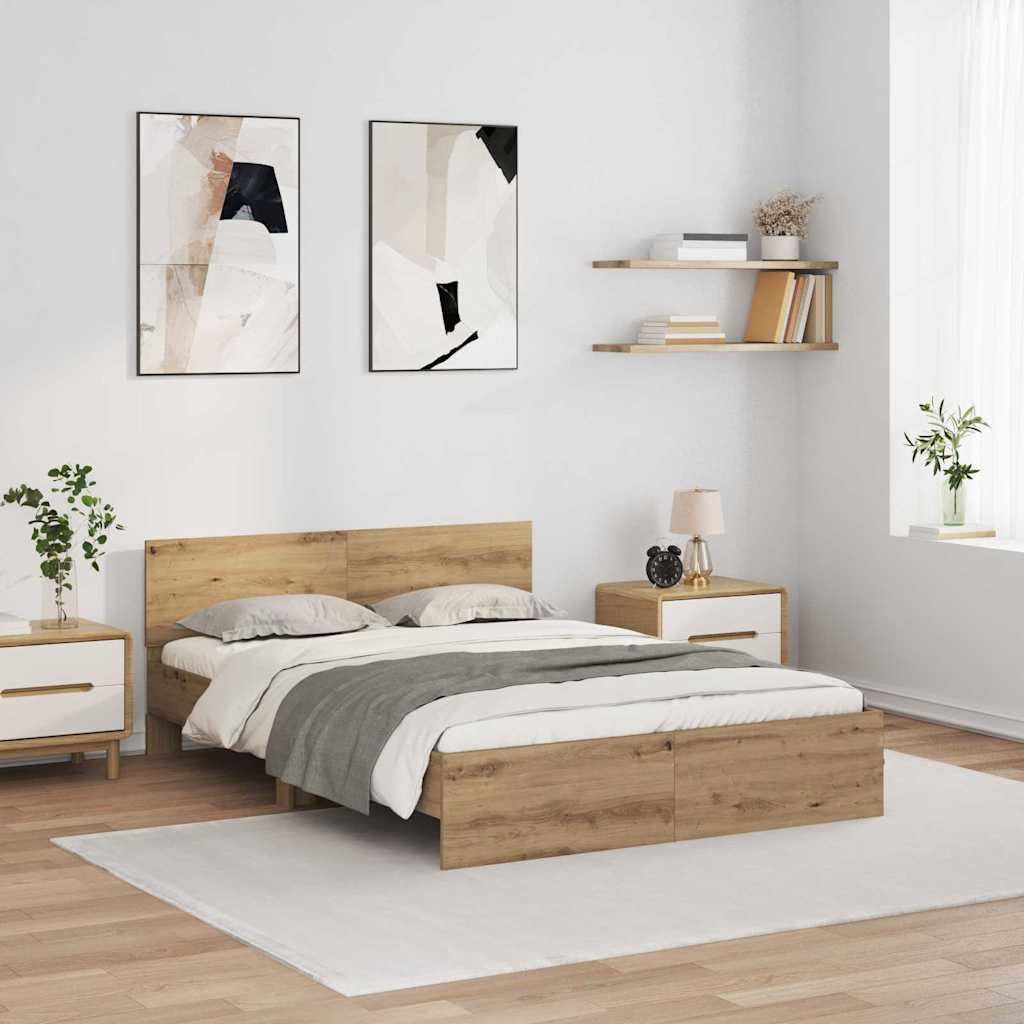 Bed Frame with Headboard and LED 150x200 cm Artisan oak
