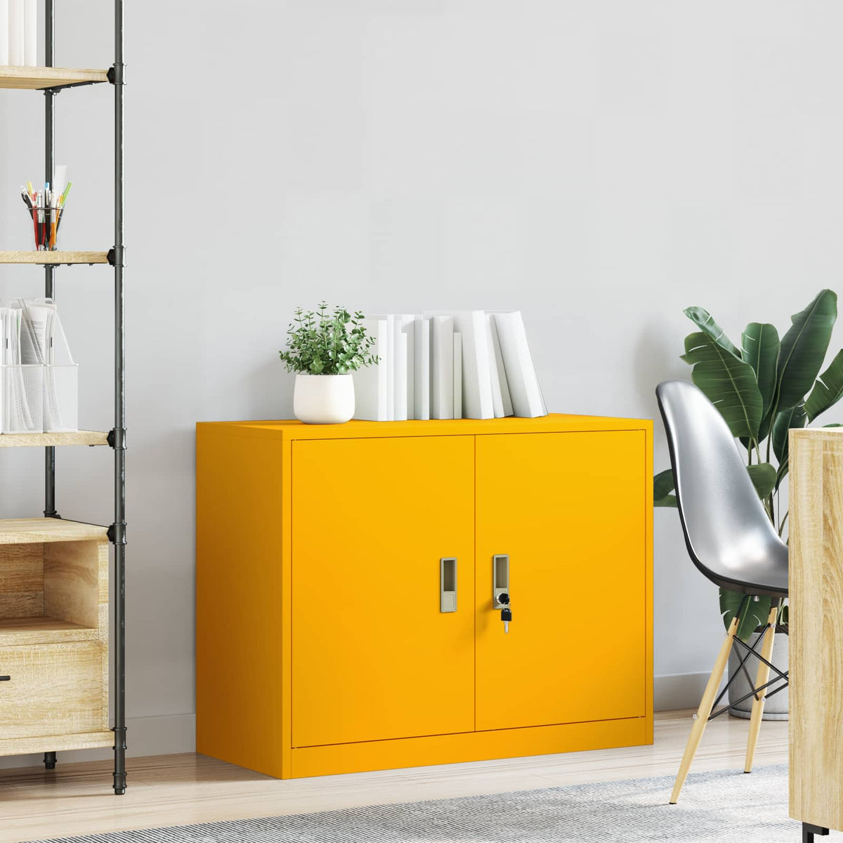 Storage Cabinet Steel Width 90 cm Mustard Yellow 70 cm