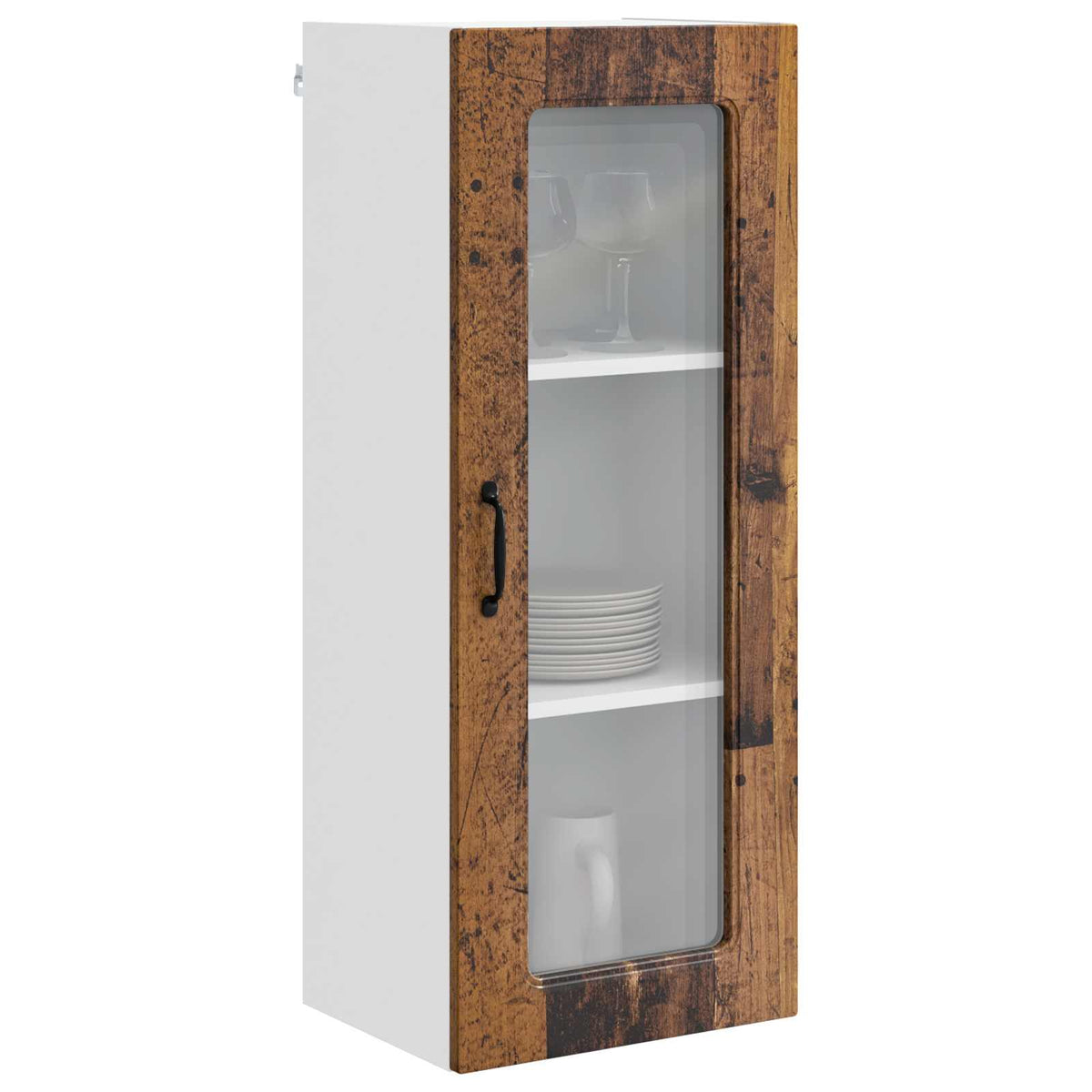 Kitchen Wall Cabinet with Glass Door "Kalmar" Old wood 1x wall corner cabinet 57 cm wide 100 cm high–2x wall glass cabinet (1 door) 40 cm wide 40 cm high 1x wall glass cabinet (1 door) 40 cm wide 100 cm high