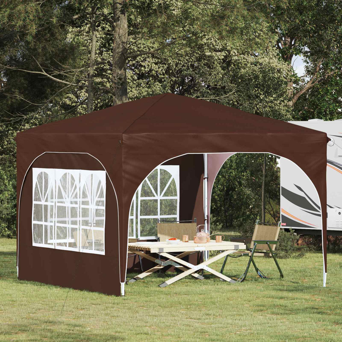 Pop-up Party Tent 290 x 290 x 245 cm with 2 Sidewalls Brown