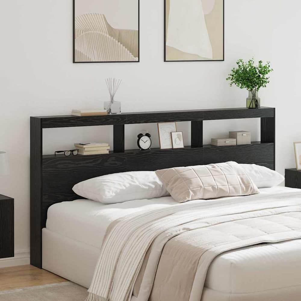 Headboard Cabinet with LED 200 x 17 x 102 cm Black oak