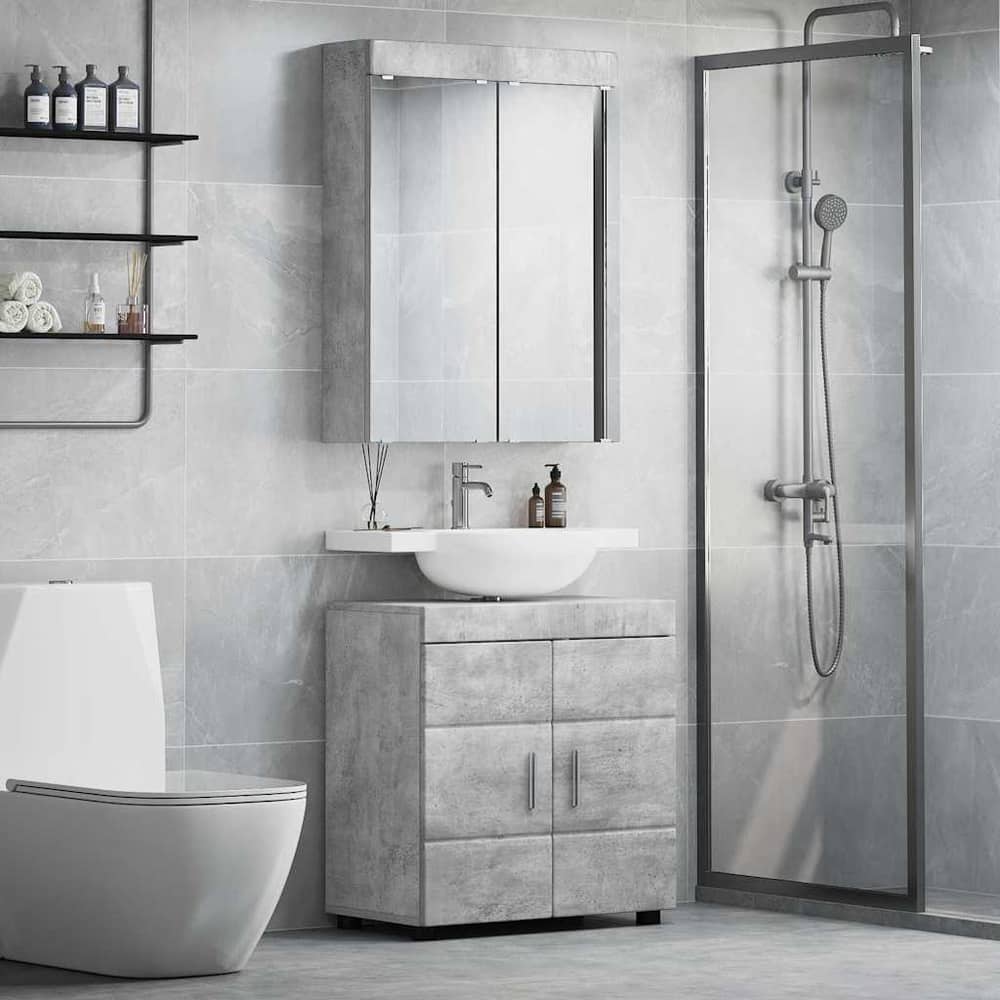 Bathroom Furniture Set TULUM 2 pcs 60 x 34 x 63 cm Sink Base +mirror Cabinet Concrete grey