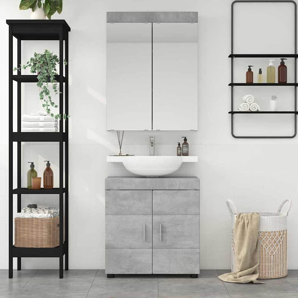 Bathroom Furniture Set TULUM 2 pcs 60 x 34 x 63 cm Sink Base +mirror Cabinet Concrete grey
