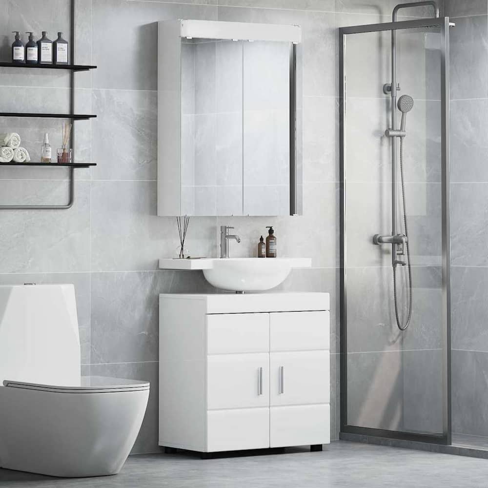 Bathroom Furniture Set TULUM 2 pcs 60 x 34 x 63 cm Sink Base +mirror Cabinet High gloss white