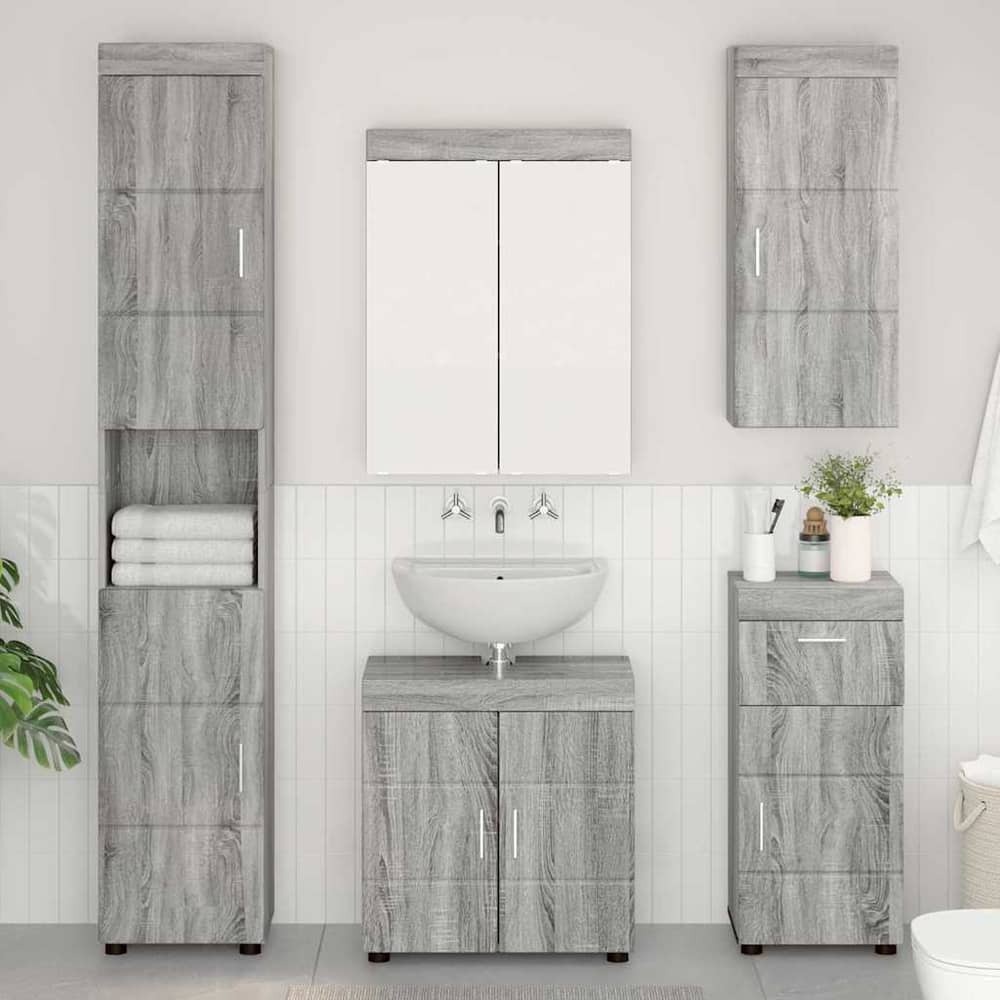 Bathroom Furniture Set TULUM 5 pcs 60 x 34 x 63 cm Sink base +mirror cabinet +cabinet with drawer +hanging cabinet +tall cabinet Grey sonoma