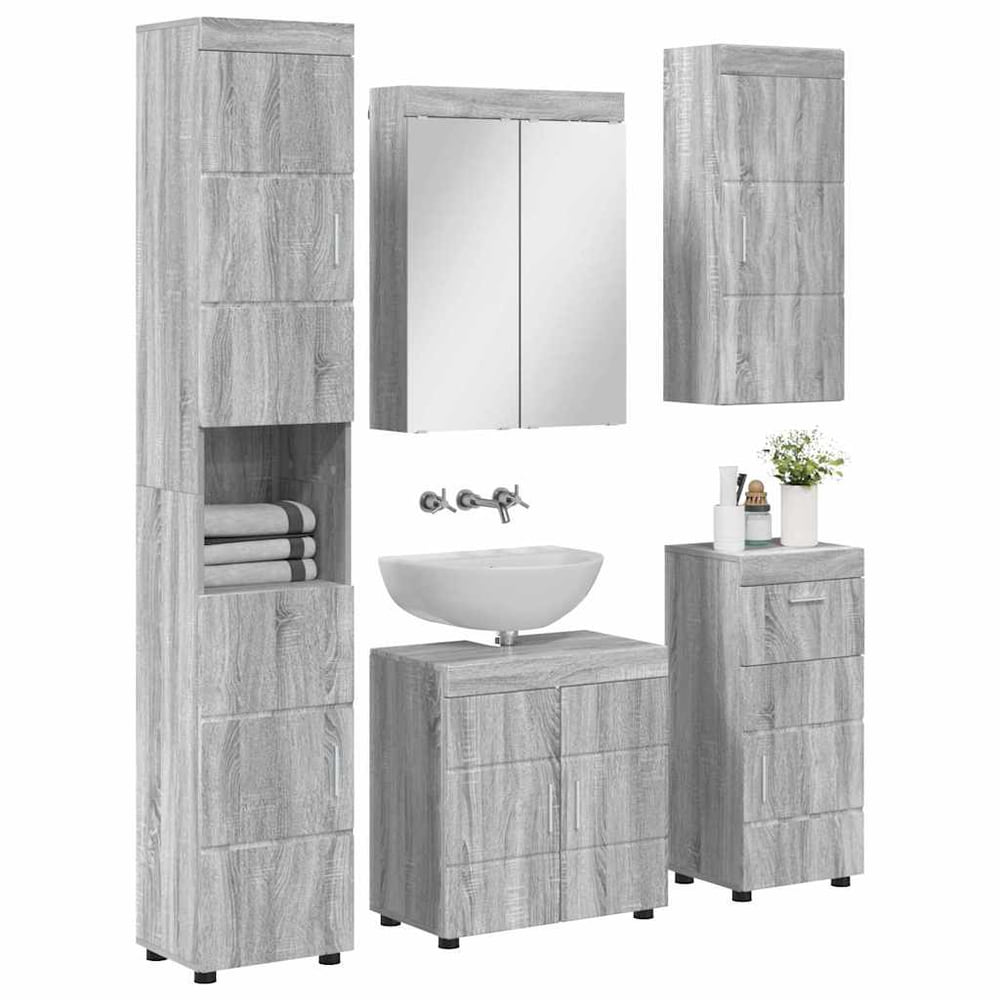 Bathroom Furniture Set TULUM 5 pcs 60 x 34 x 63 cm Sink base +mirror cabinet +cabinet with drawer +hanging cabinet +tall cabinet Grey sonoma