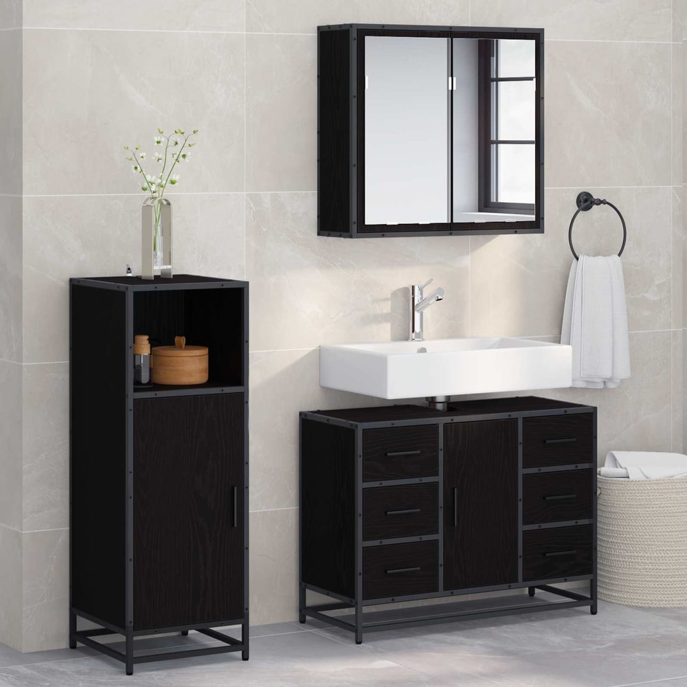 3 Piece Bathroom Furniture Set Engineered Wood Black oak