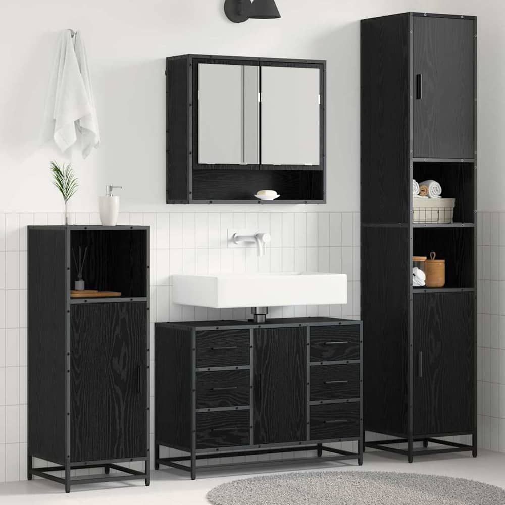 4 Piece Bathroom Furniture Set Engineered Wood Black oak