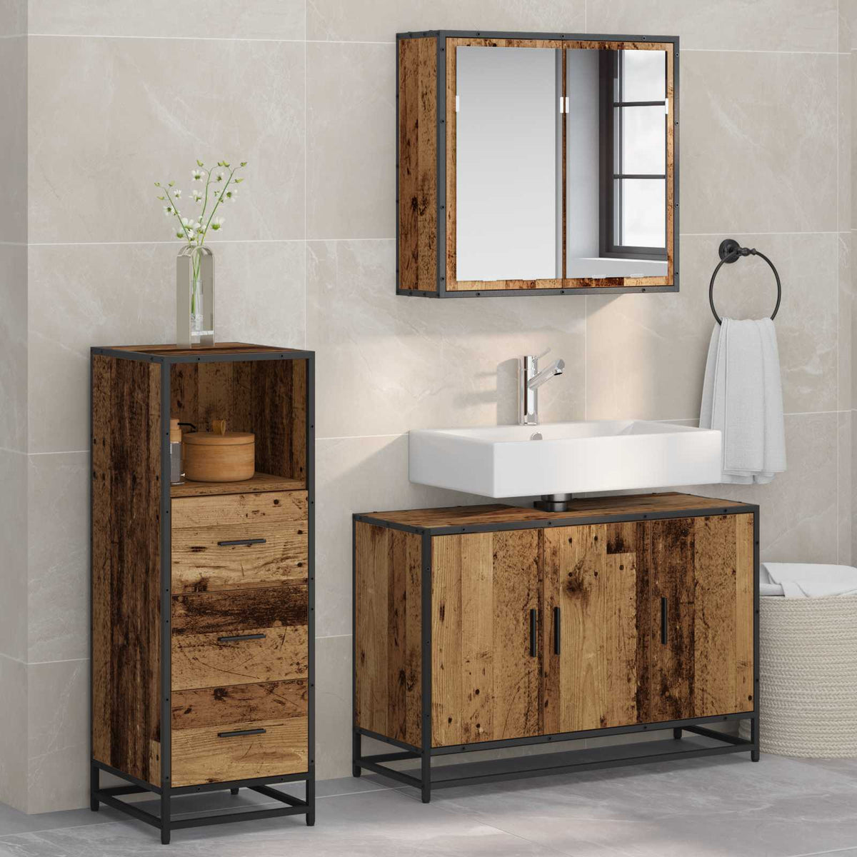 3 Piece Bathroom Furniture Set Engineered Wood Old wood