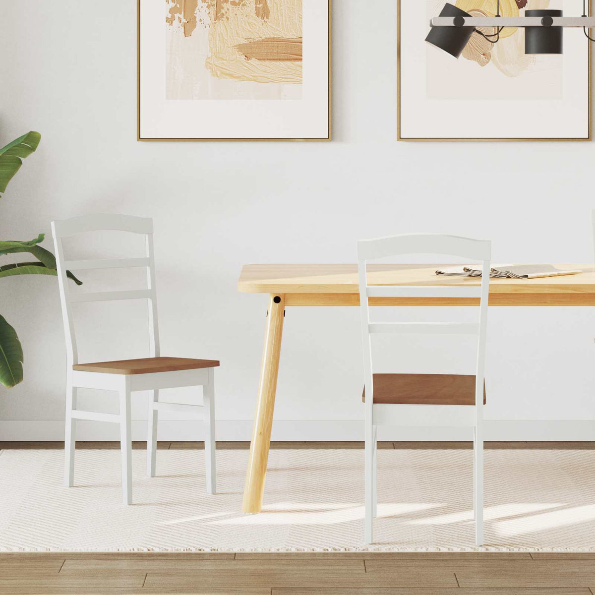 Dining Chair 2 pcs Solid Rubber Wood White and natural