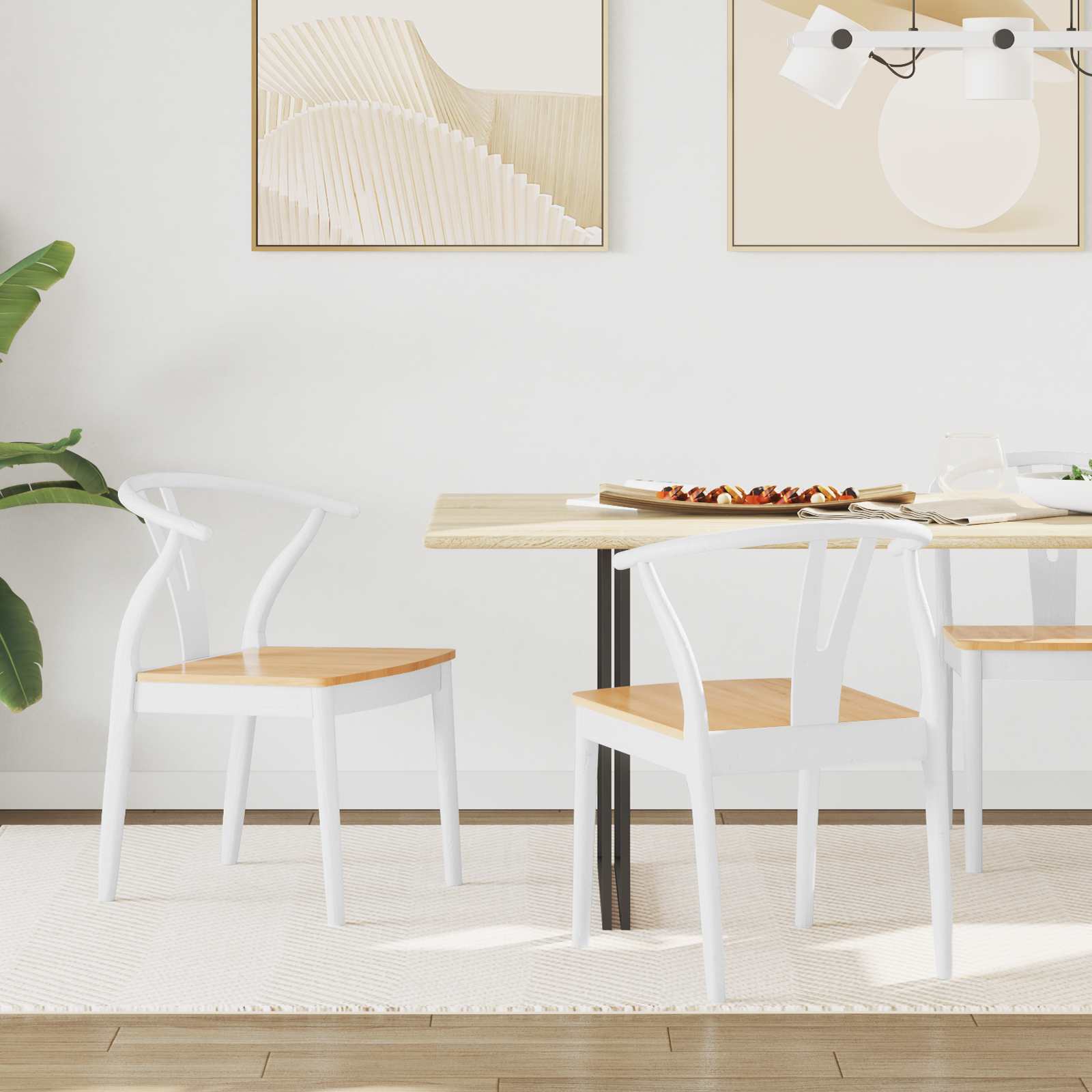 vidaXL Dining Chair 2 pcs Solid Rubber Wood White and Natural 1