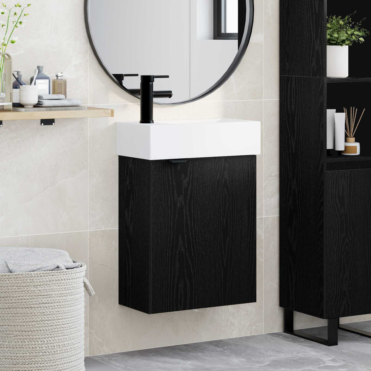 Bathroom Vanity Unit with Tap 45.5 x 22.5 x 84 cm Black oak Left hand