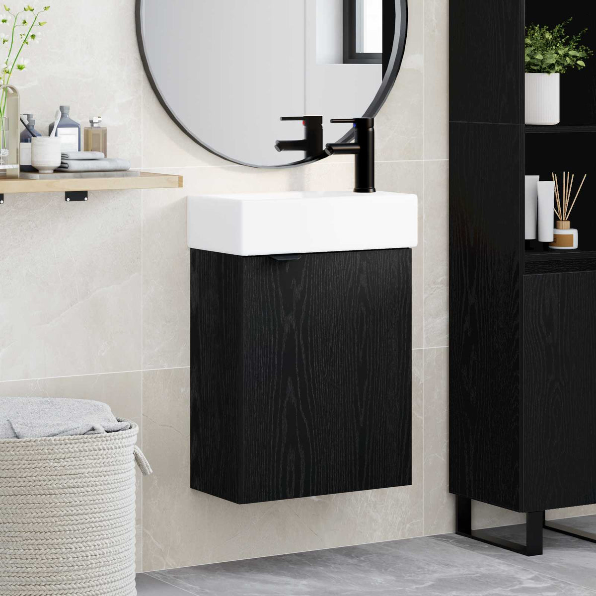 Bathroom Vanity Unit with Tap 45.5 x 22.5 x 84 cm Black oak Right hand