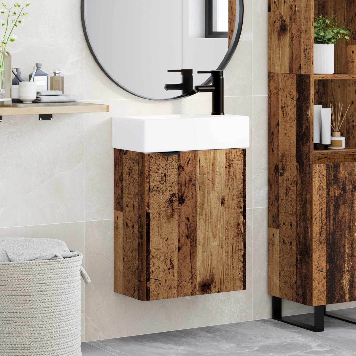 Bathroom Vanity Unit with Tap 45.5 x 22.5 x 84 cm Old wood Right hand