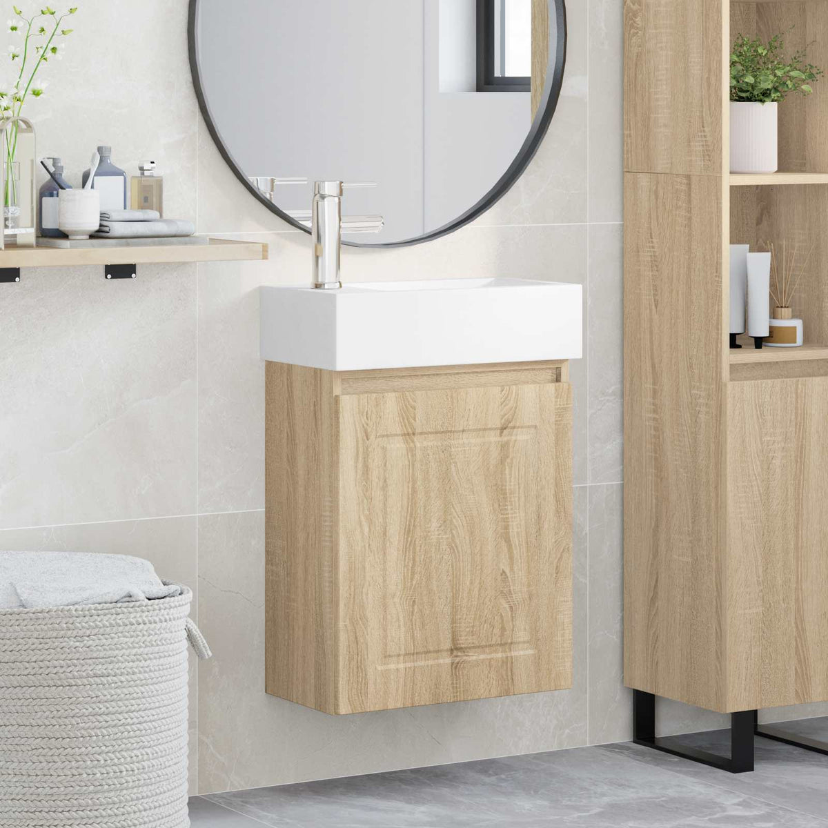 Bathroom Vanity Unit with Tap 45.5 x 22.5 x 84 cm Sonoma oak with left faucet
