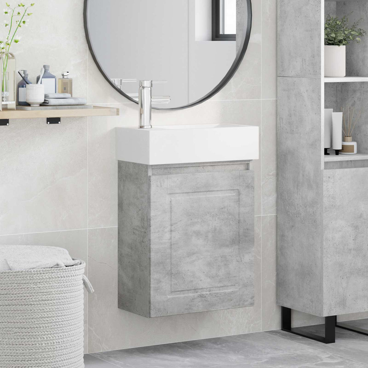 Bathroom Vanity Unit with Tap 45.5 x 22.5 x 84 cm Concrete grey with left faucet