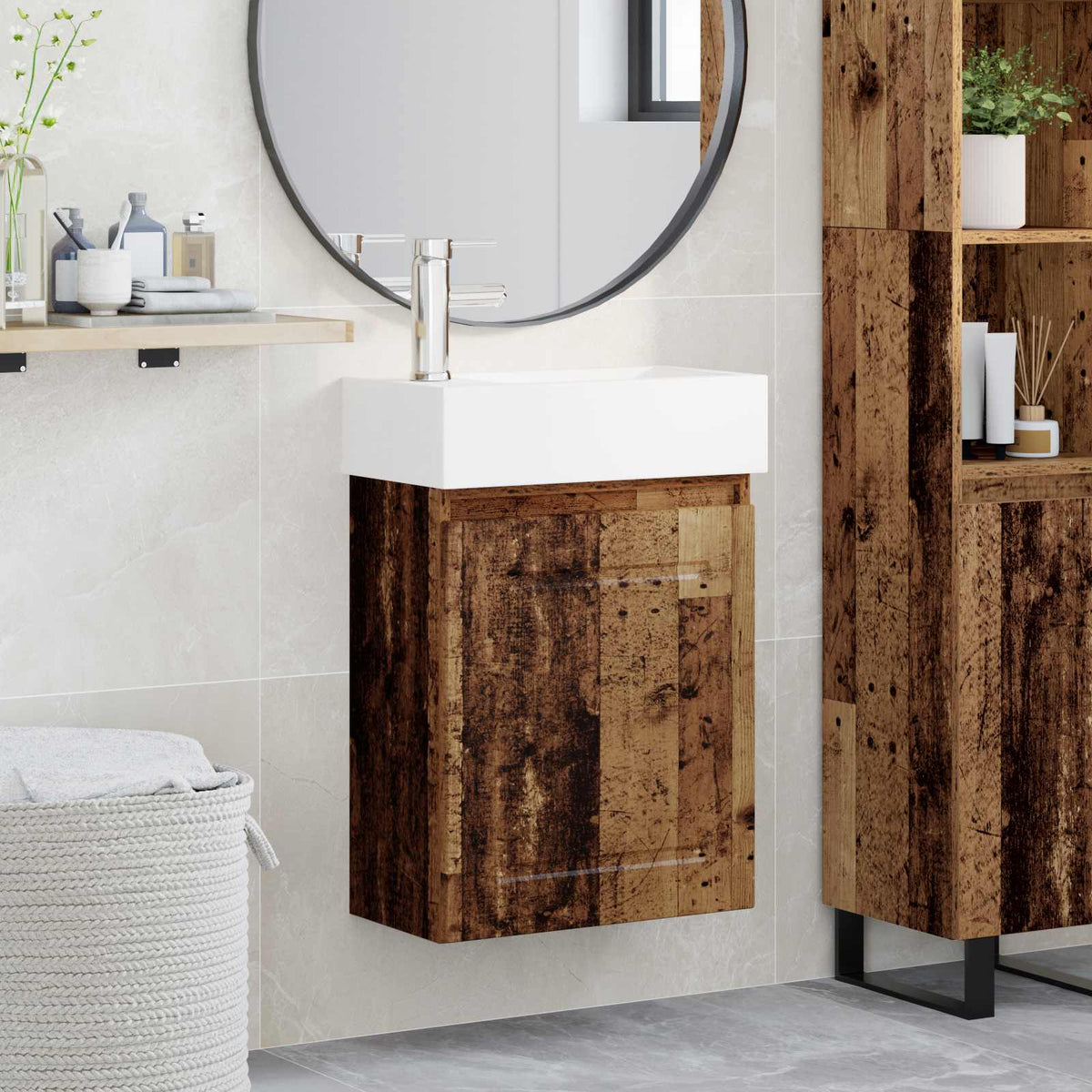 Bathroom Vanity Unit with Tap 45.5 x 22.5 x 84 cm Old wood with left faucet