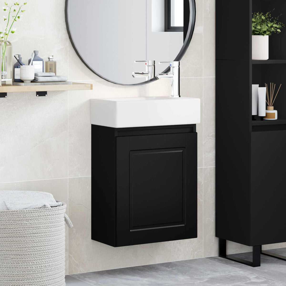 Bathroom Vanity Unit with Tap 45.5 x 22.5 x 84 cm Black with right faucet