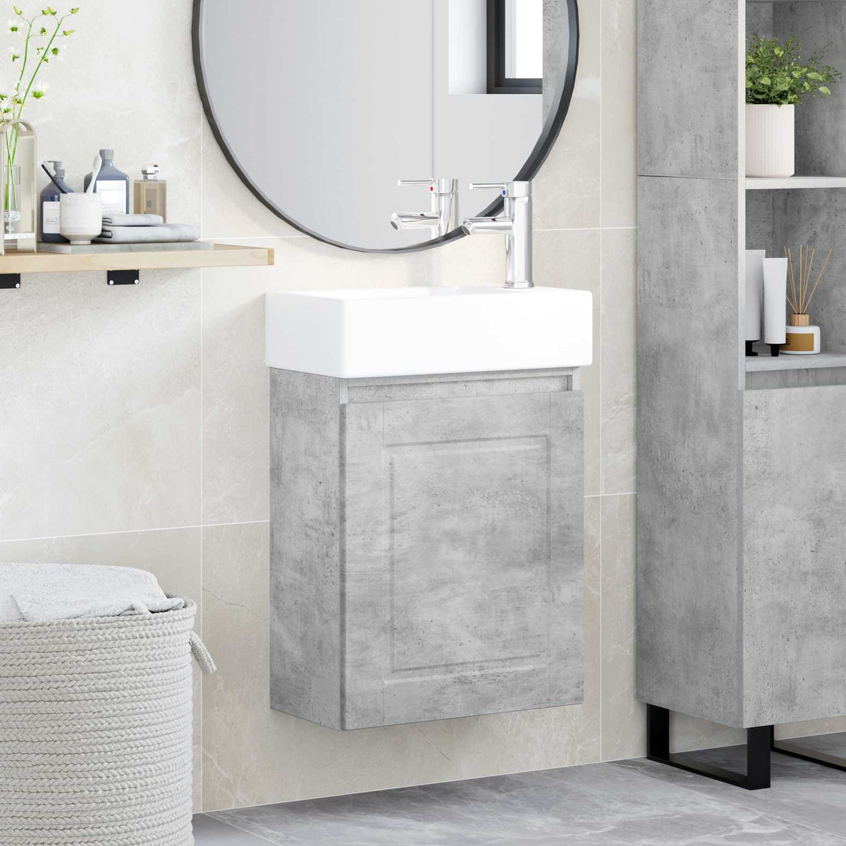 Bathroom Vanity Unit with Tap 45.5 x 22.5 x 84 cm Concrete grey with right faucet