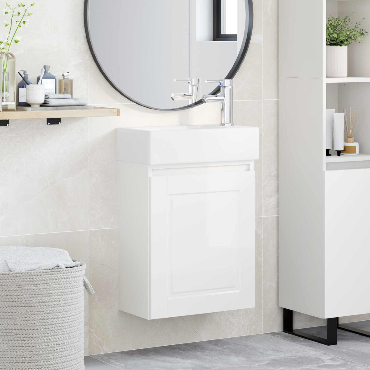 Bathroom Vanity Unit with Tap 45.5 x 22.5 x 84 cm High gloss white with right faucet