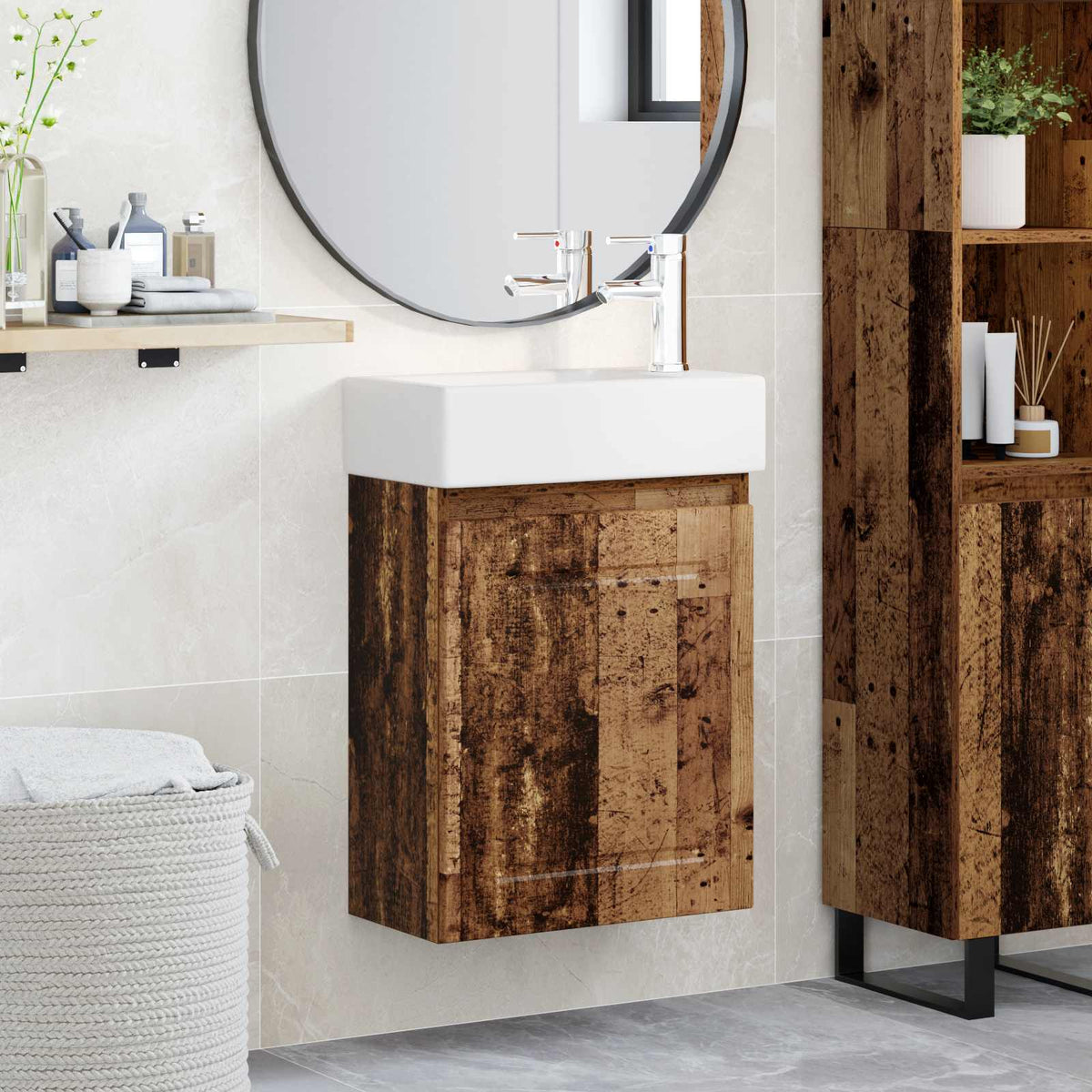 Bathroom Vanity Unit with Tap 45.5 x 22.5 x 84 cm Old wood with right faucet