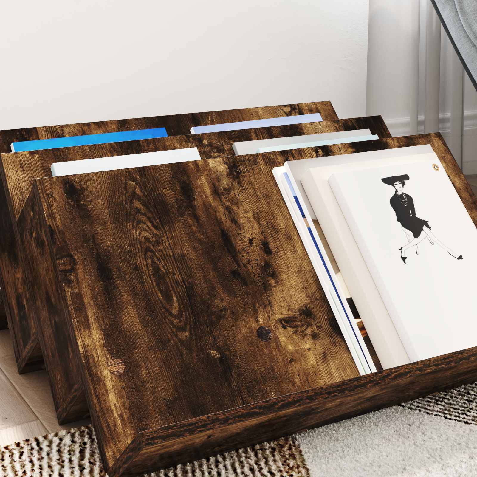 vidaXL Magazine Rack Smoked Oak 65 x 53 x 28.5 cm Engineered Wood 4