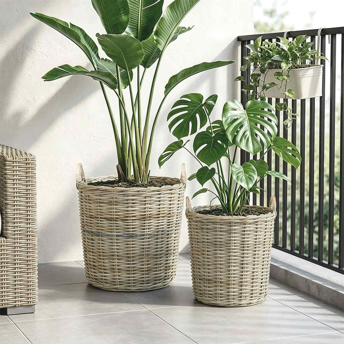 Planter Basket GENDT 2 pcs Natural Kubu Rattan Grey