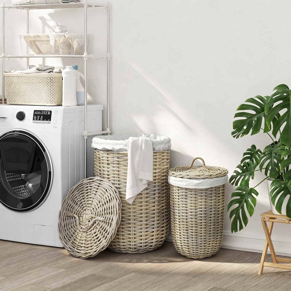 Laundry Basket with Lid GENDT 2 pcs Natural Kubu Rattan Grey