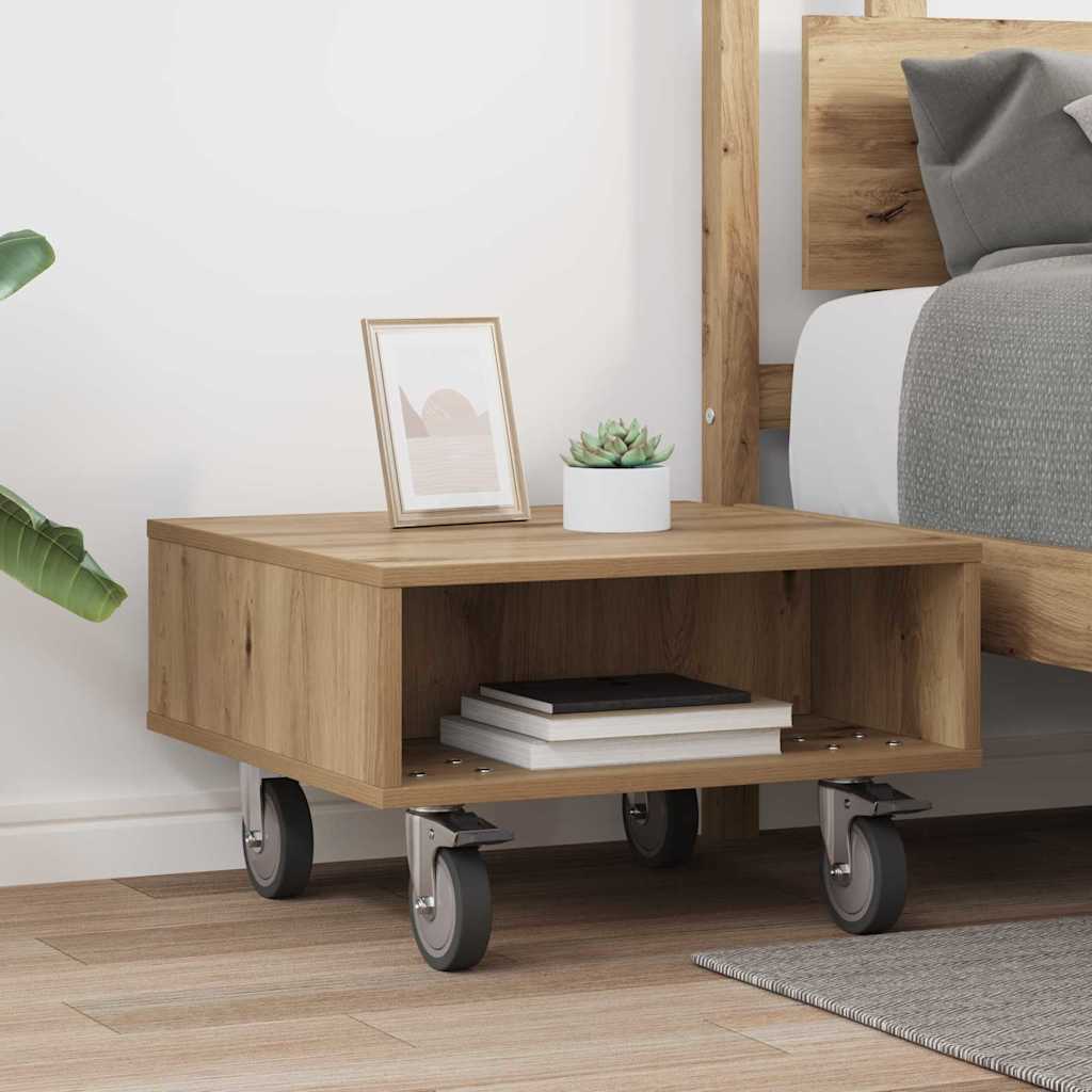 vidaXL Side Table with Wheels Artisan Oak 50.5 x 50 x 30 cm 4