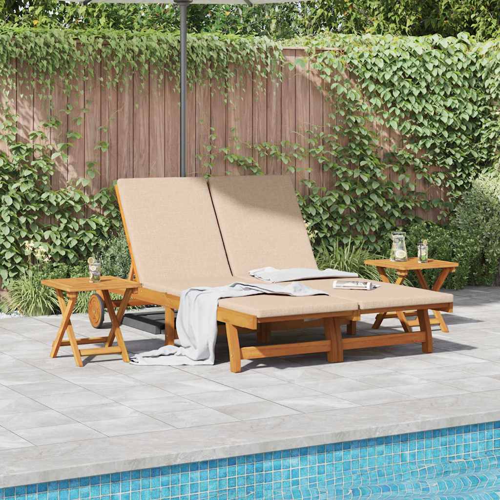Sun Lounger 2 pcs Solid Acacia Wood Brown Beige 2-Person sun lounger +2x table