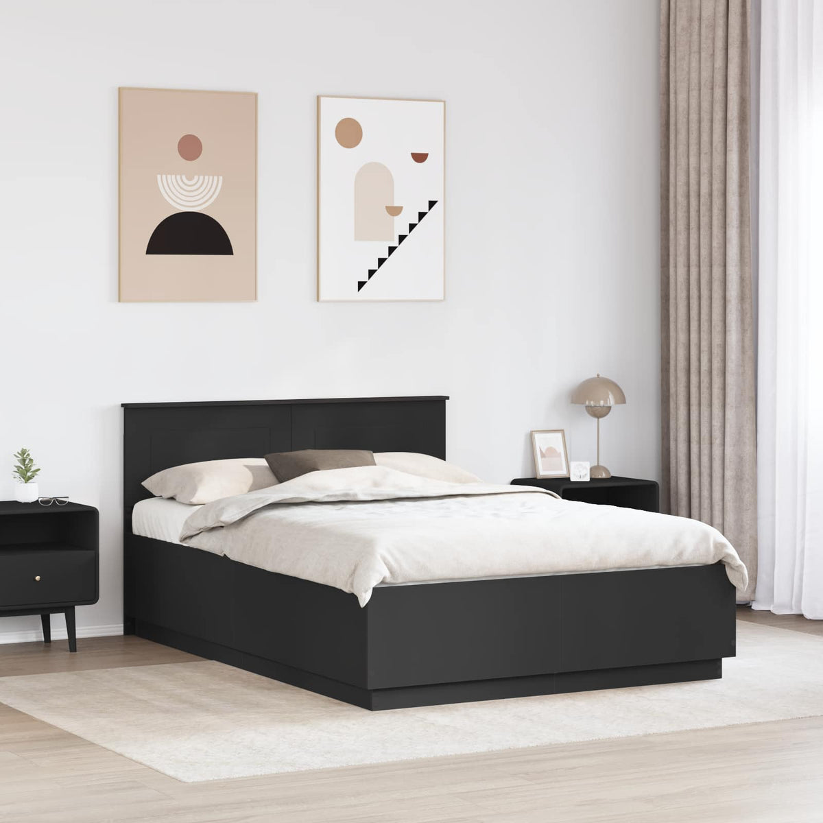 vidaXL Bed Frame with Headboard Black 150 x 200 cm Engineered Wood 3