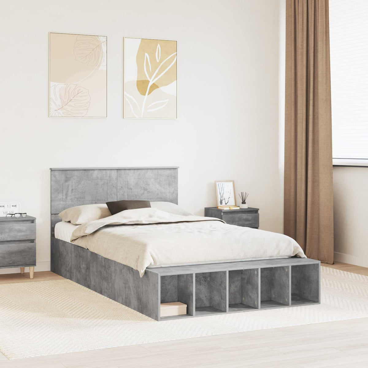 Bed Frame with Shelf Engineered Wood Length 190 cm Concrete grey 120 cm