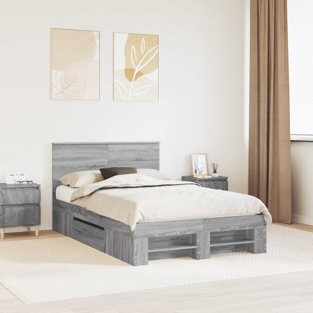 Bed Frame 135 x 190 cm Engineered Wood Grey sonoma
