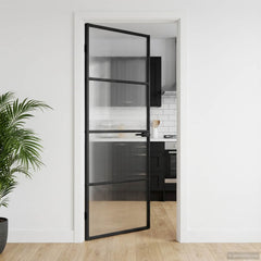 Interior Door Slim Black 83x201.5 cm Tempered Glass&Aluminium 3 Horizontal Bars Black and fluted