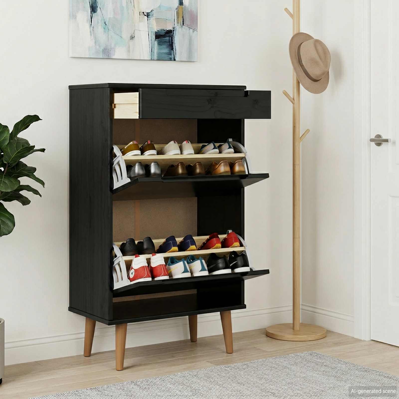 vidaXL Shoe Cabinet MOLDE 59.5 x 35 x 103 cm Solid Pine Wood Black 4