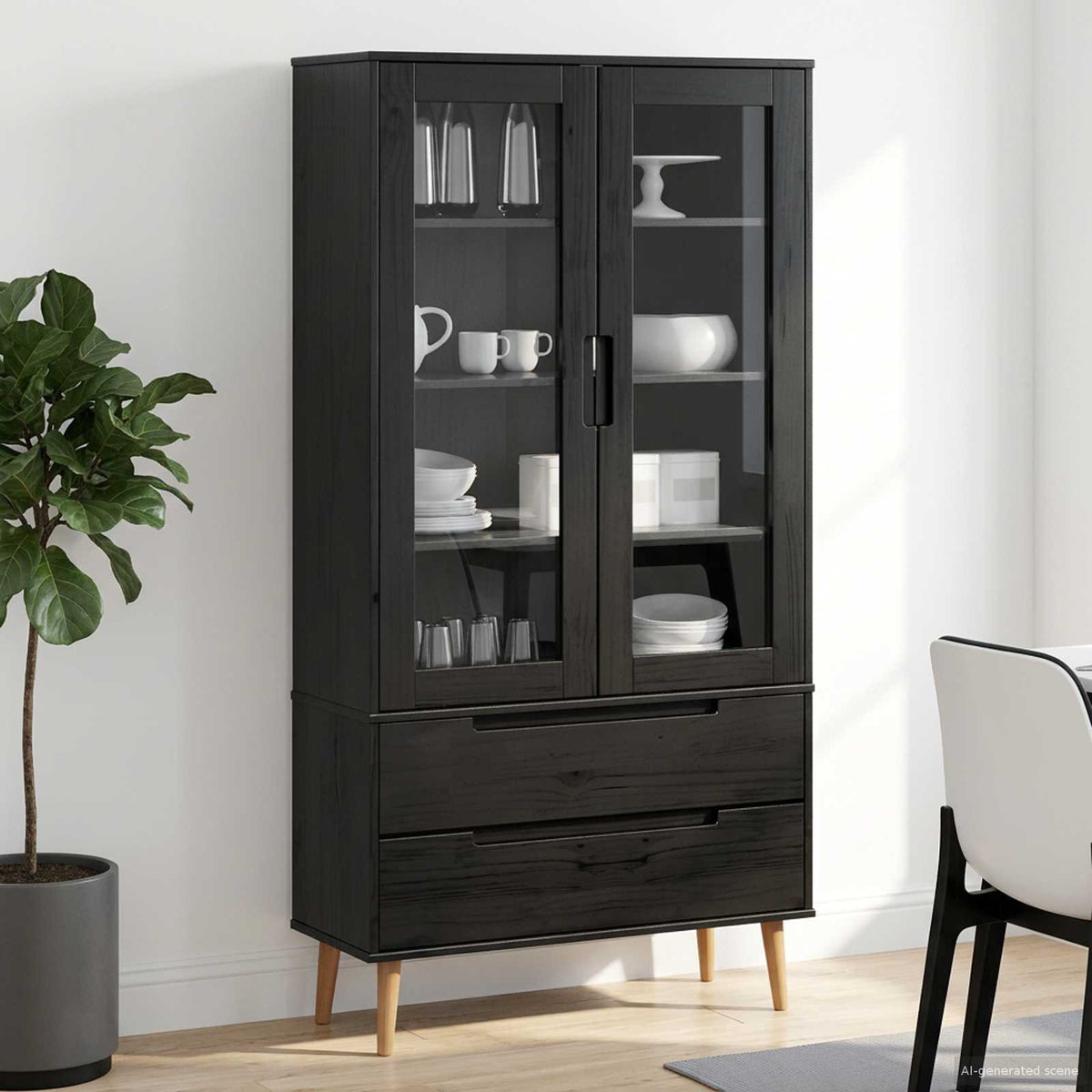 Vitrine Cabinet "MOLDE" 90x35x175 cm Solid Wood Pine Black
