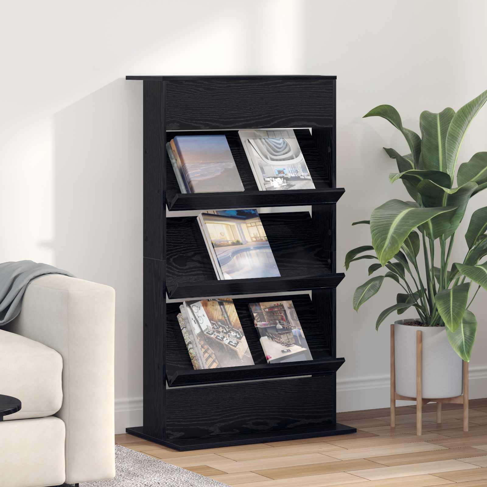 vidaXL Magazine Rack Black Oak 70 x 41 x 126 cm Engineered Wood 1