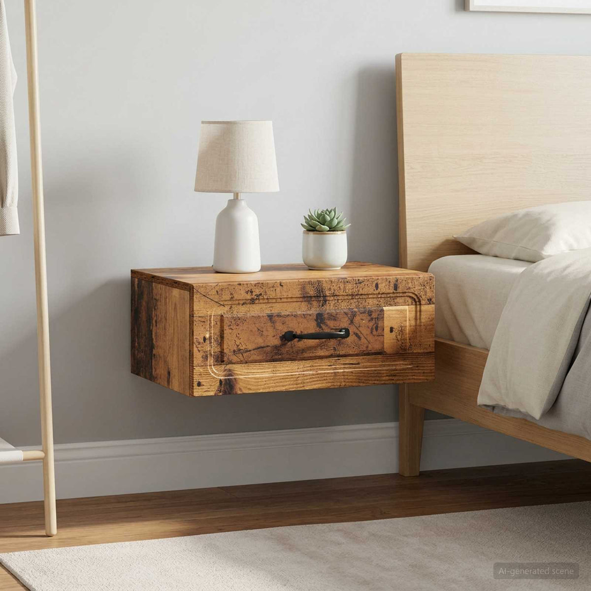 Wall-Mounted Bedside Cabinet in Old Wood