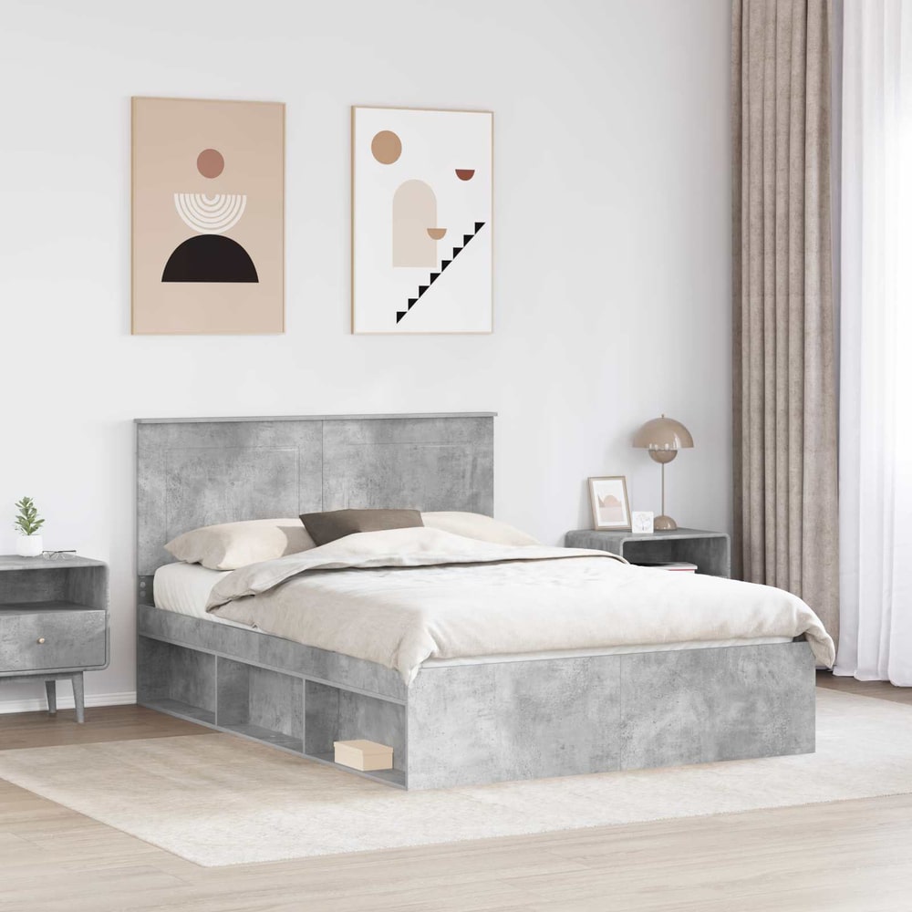 Bed Frame with Headboard 160 x 200 cm Solid Pine Wood Concrete grey