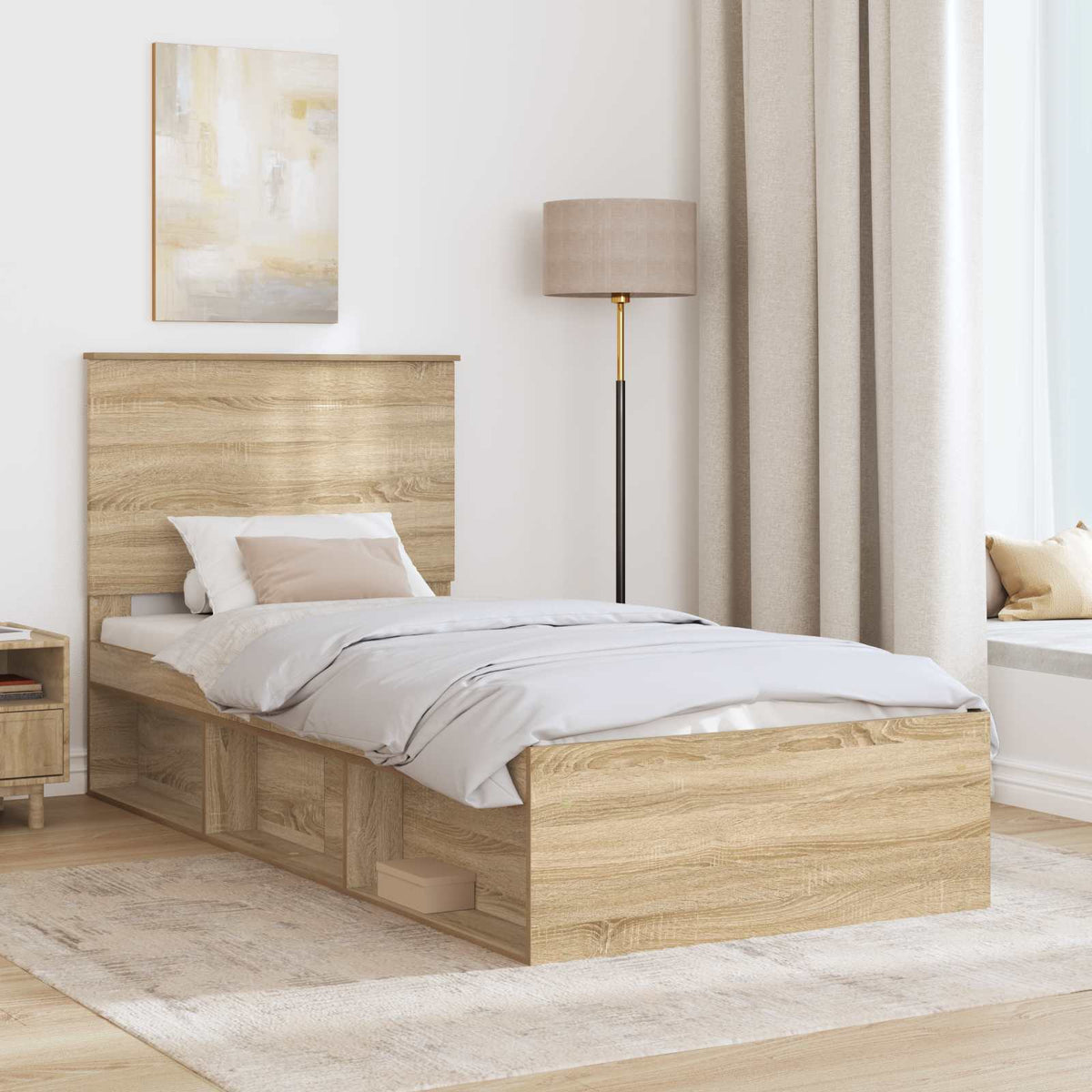 Bed Frame with Headboard 90 x 190 cm Solid Pine Wood Sonoma oak