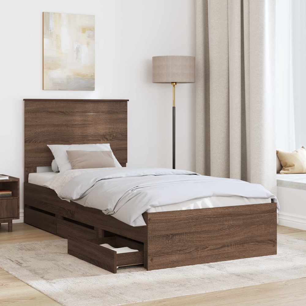 Bed Frame with Drawer Engineer Wood Length 200 cm Brown Oak 100 cm