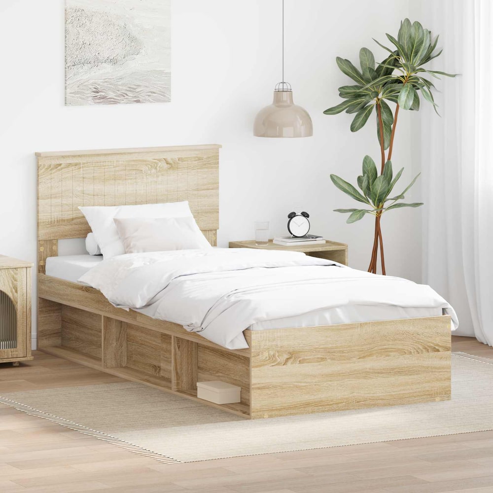 Bed Frame with Headboard 90 x 190 cm Solid Pine Wood Sonoma oak