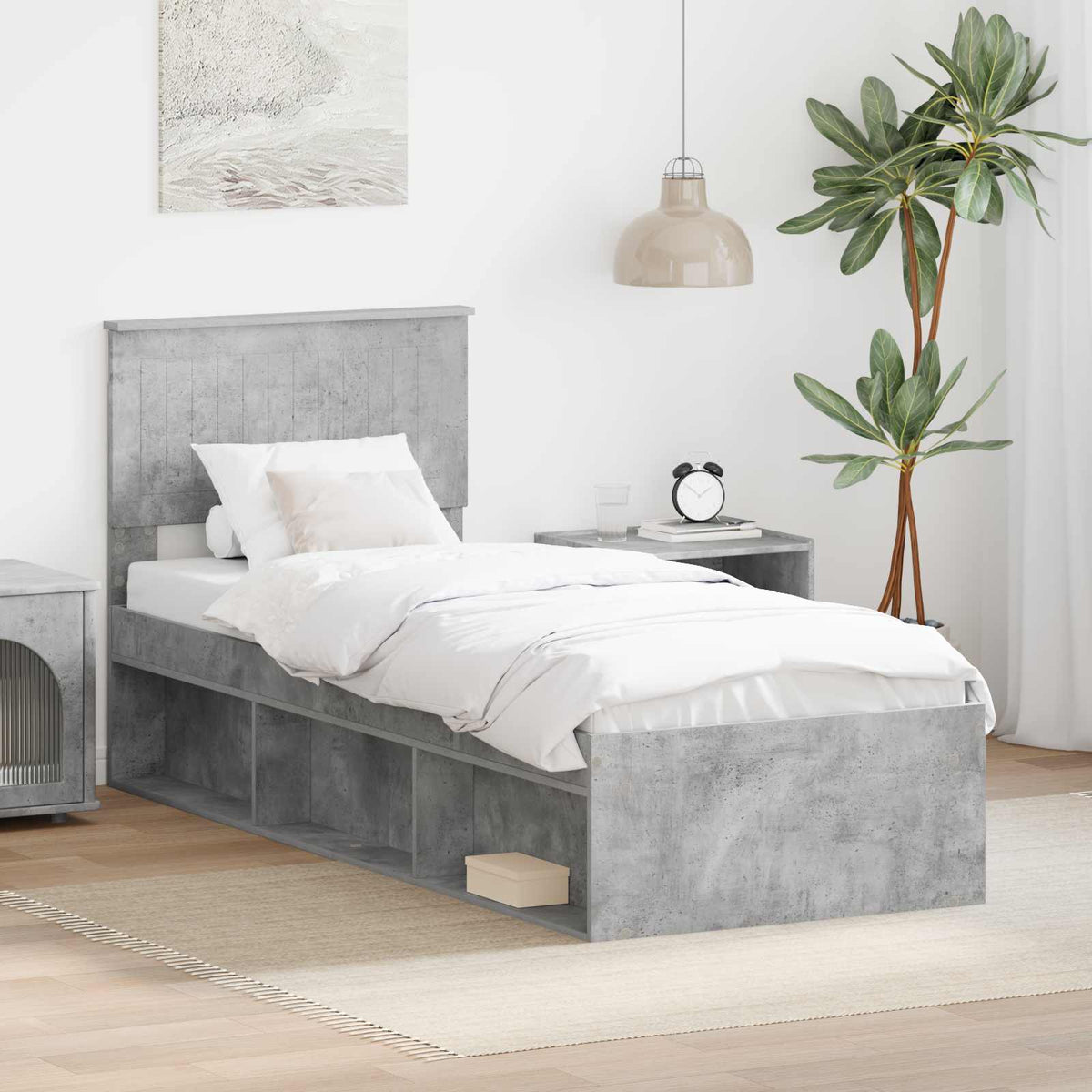 Bed Frame with Headboard 75 x 190 cm Solid Pine Wood Concrete grey