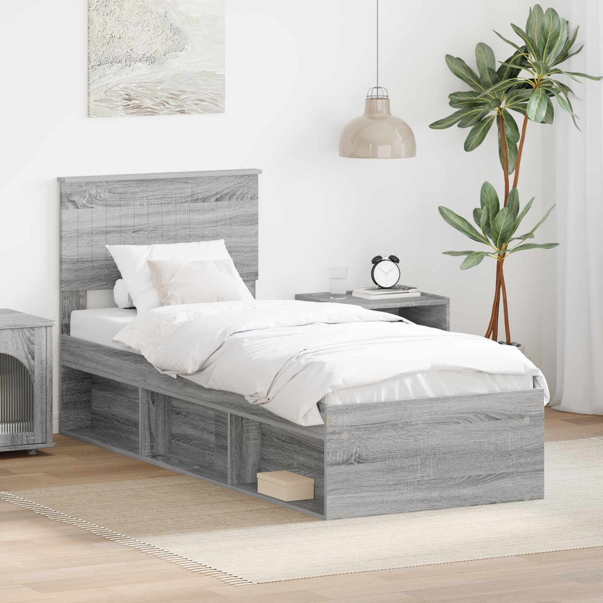 Bed Frame with Headboard 75 x 190 cm Solid Pine Wood Grey sonoma