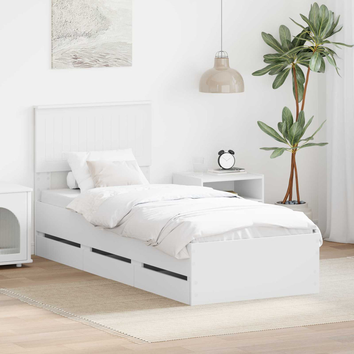 Bed Frame with Drawer 75 x 190 cm Engineer Wood White